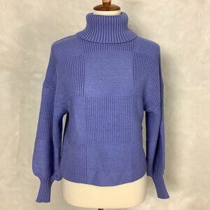 Staud Blue Benny Check Ribbed Turtleneck Sweater XS